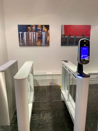 SmarterMount accessory integrating a biometric reader onto a Fastlane turnstile pedestal