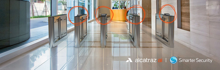 Alcatraz AI's Rock X integrated on Fastlane Glassgate 250 turnstiles from Smarter Security